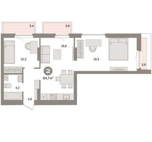 2-к квартира, вторичка, 65м2, 6/16 этаж