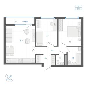 2-к квартира, строящийся дом, 57м2, 22/32 этаж