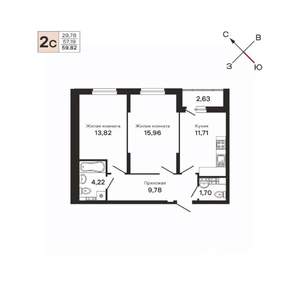 2-к квартира, строящийся дом, 60м2, 10/25 этаж