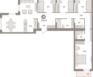 3-к квартира, вторичка, 113м2, 9/9 этаж