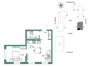 2-к квартира, строящийся дом, 45м2, 13/24 этаж
