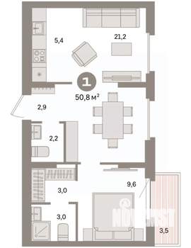 1-к квартира, вторичка, 51м2, 9/9 этаж