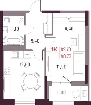 1-к квартира, вторичка, 41м2, 23/25 этаж