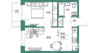 2-к квартира, строящийся дом, 39м2, 6/25 этаж