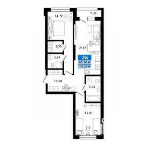 2-к квартира, строящийся дом, 71м2, 3/23 этаж