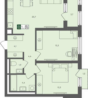 2-к квартира, вторичка, 67м2, 4/4 этаж