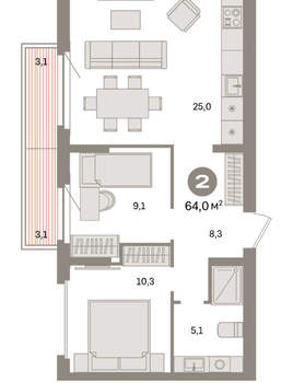 2-к квартира, вторичка, 64м2, 9/9 этаж