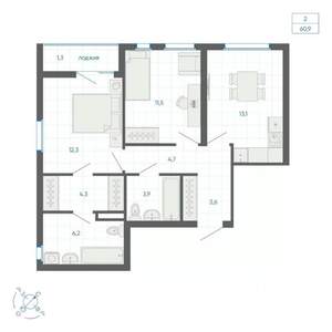 2-к квартира, строящийся дом, 61м2, 29/32 этаж