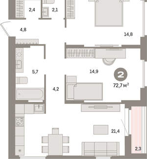 2-к квартира, вторичка, 73м2, 13/16 этаж