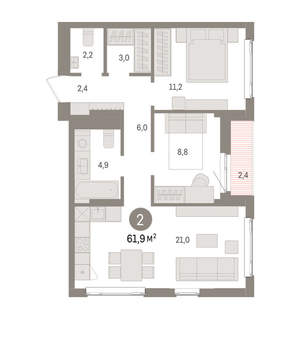 2-к квартира, вторичка, 62м2, 6/25 этаж