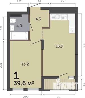 1-к квартира, строящийся дом, 40м2, 9/19 этаж