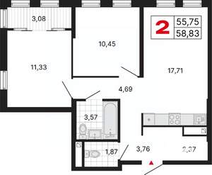 2-к квартира, вторичка, 59м2, 24/25 этаж