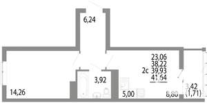 2-к квартира, строящийся дом, 40м2, 20/25 этаж