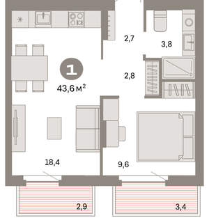 1-к квартира, вторичка, 44м2, 7/9 этаж