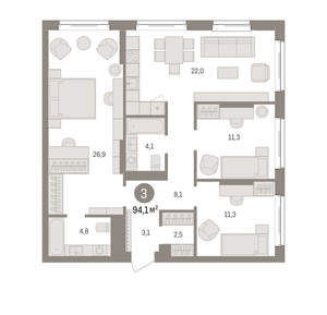 3-к квартира, вторичка, 94м2, 2/25 этаж