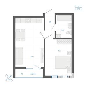 1-к квартира, строящийся дом, 39м2, 22/32 этаж