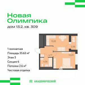 1-к квартира, вторичка, 36м2, 5/12 этаж