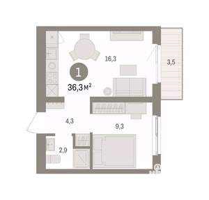 1-к квартира, вторичка, 36м2, 4/7 этаж