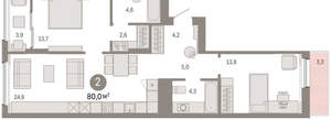 2-к квартира, вторичка, 80м2, 8/9 этаж