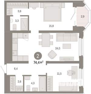 2-к квартира, вторичка, 74м2, 8/24 этаж