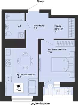 1-к квартира, строящийся дом, 41м2, 18/25 этаж