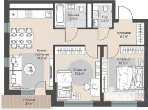 2-к квартира, строящийся дом, 62м2, 4/22 этаж