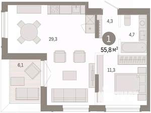 1-к квартира, вторичка, 54м2, 9/9 этаж