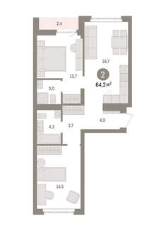 2-к квартира, вторичка, 64м2, 4/16 этаж