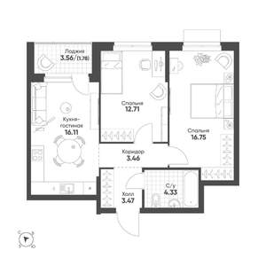 2-к квартира, строящийся дом, 59м2, 20/25 этаж