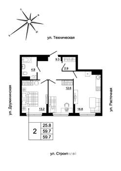 2-к квартира, вторичка, 58м2, 13/19 этаж