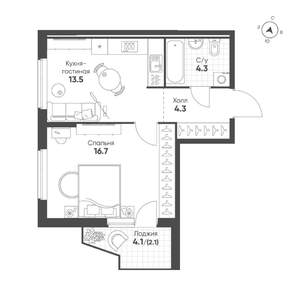 1-к квартира, строящийся дом, 41м2, 22/25 этаж