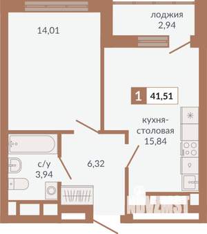 1-к квартира, строящийся дом, 42м2, 19/31 этаж