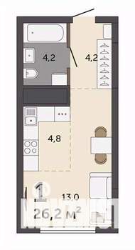 1-к квартира, строящийся дом, 26м2, 25/30 этаж