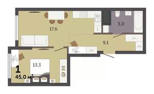 1-к квартира, строящийся дом, 45м2, 10/32 этаж