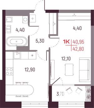 1-к квартира, вторичка, 41м2, 12/25 этаж