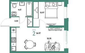 2-к квартира, строящийся дом, 37м2, 20/20 этаж