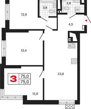 3-к квартира, вторичка, 75м2, 6/15 этаж