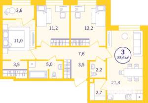 3-к квартира, строящийся дом, 82м2, 4/9 этаж