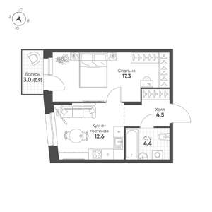 1-к квартира, строящийся дом, 40м2, 6/16 этаж