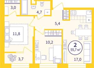 2-к квартира, вторичка, 54м2, 9/9 этаж