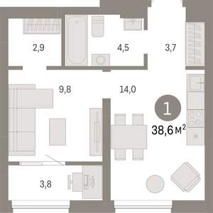 1-к квартира, вторичка, 39м2, 6/8 этаж