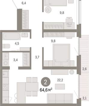 2-к квартира, вторичка, 65м2, 6/9 этаж