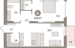 1-к квартира, вторичка, 52м2, 6/16 этаж