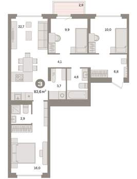 3-к квартира, вторичка, 84м2, 6/9 этаж