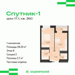 1-к квартира, вторичка, 38м2, 8/15 этаж