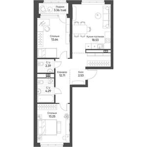 2-к квартира, строящийся дом, 69м2, 12/16 этаж