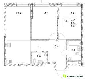 2-к квартира, вторичка, 69м2, 13/30 этаж