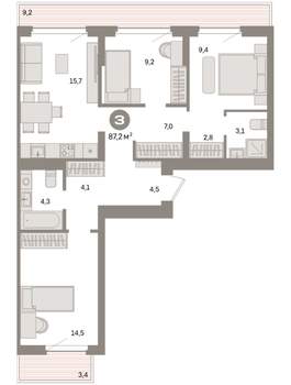 3-к квартира, вторичка, 87м2, 7/7 этаж