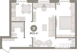 2-к квартира, вторичка, 45м2, 1/5 этаж