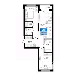 2-к квартира, строящийся дом, 71м2, 2/23 этаж